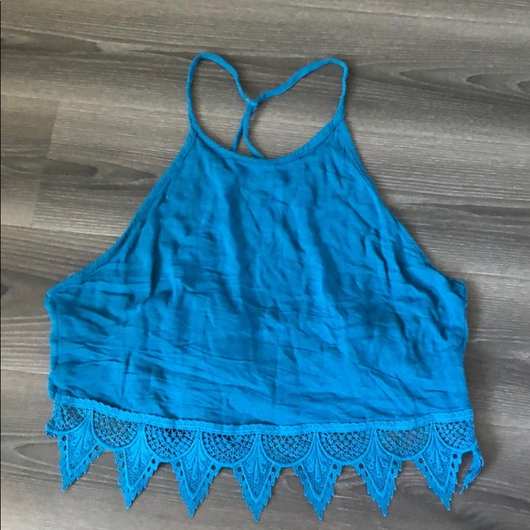 Slate blue lace halter crop top - Picture 1 of 5